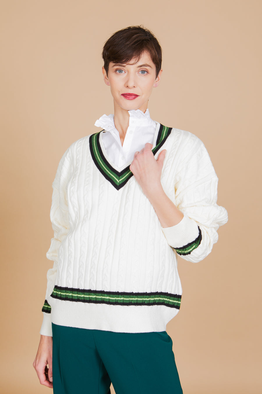 No Srcipt image - Images of 3 of 6 V NECK SWEATER, CREAM COLOR WITH GREEN AND NAVY TRIMS, CABLE KNIT, SWEATER