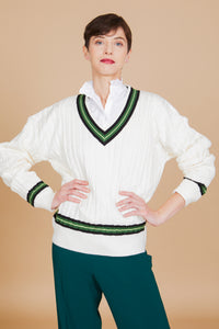 V NECK SWEATER, CREAM COLOR WITH GREEN AND NAVY TRIMS, CABLE KNIT, SWEATER