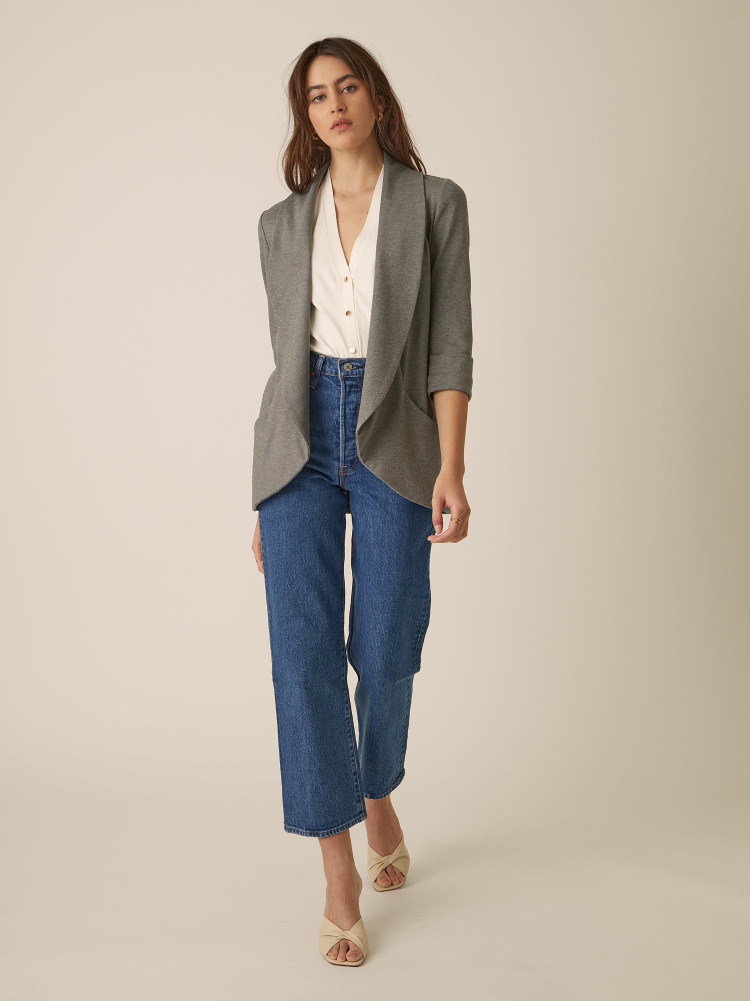 Classic Melanie Shawl Simple Staple Dark Grey Neutral Color Workwear Blazer Jacket Everyday Shawl Front Pockets Best Seller Customer Favorite