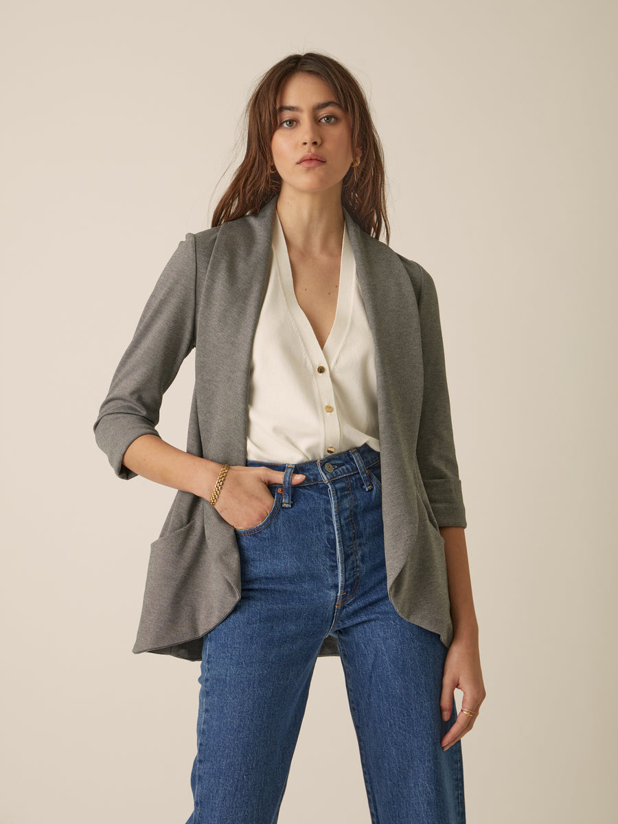 No Srcipt image - Images of 1 of 7 Classic Melanie Shawl Simple Staple Dark Grey Neutral Color Workwear Blazer Jacket Everyday Shawl Front Pockets Best Seller Customer Favorite