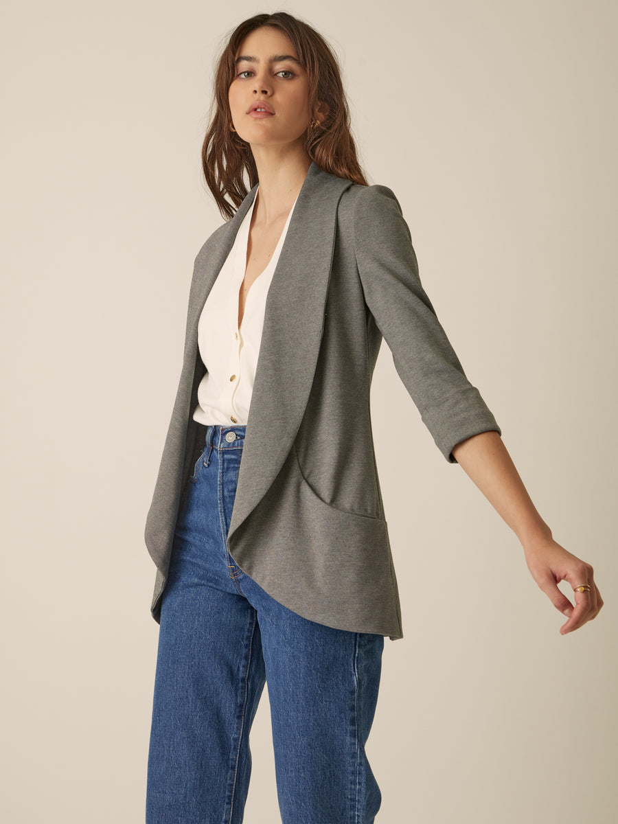 No Srcipt image - Images of 6 of 7 Classic Melanie Shawl Simple Staple Dark Grey Neutral Color Workwear Blazer Jacket Everyday Shawl Front Pockets Best Seller Customer Favorite