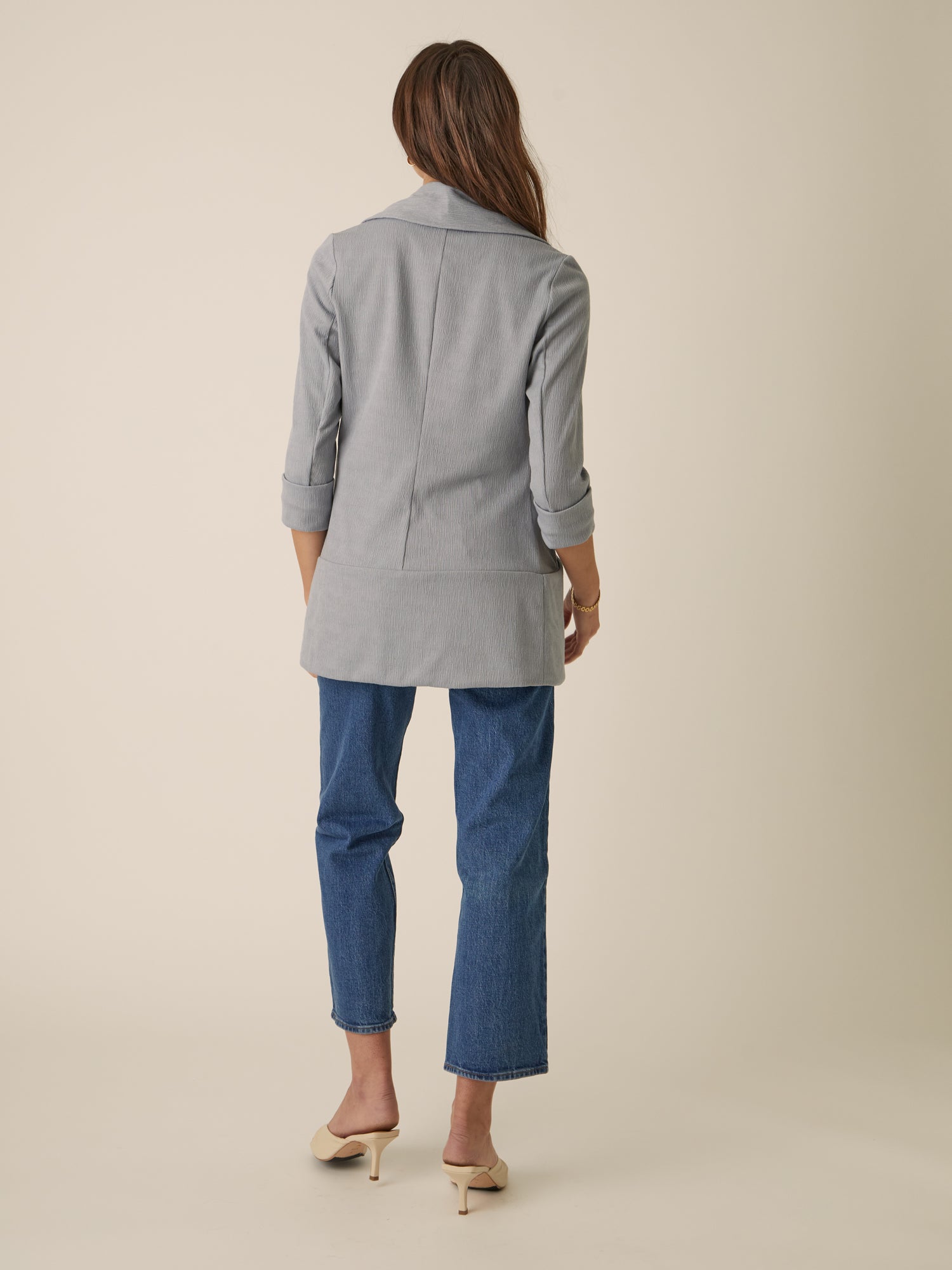 Classic Melanie Shawl Simple Staple Dusty Blue Workwear Blazer Jacket Everyday Shawl Front Pockets Best Seller Customer Favorite Casual Style