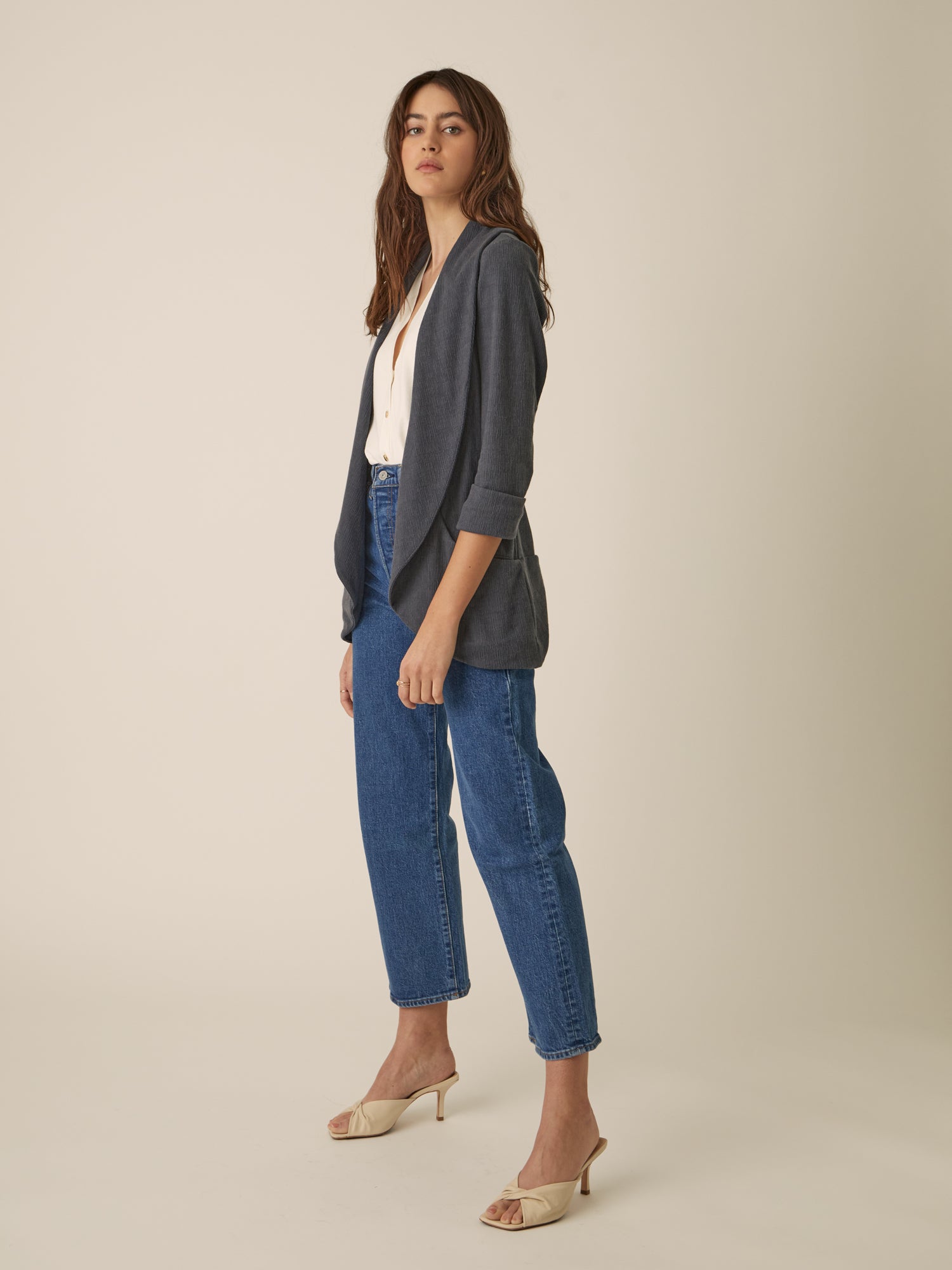 Classic Melanie Shawl Simple Staple Steel Blue Workwear Blazer Jacket Everyday Shawl Front Pockets Best Seller Customer Favorite Casual Style