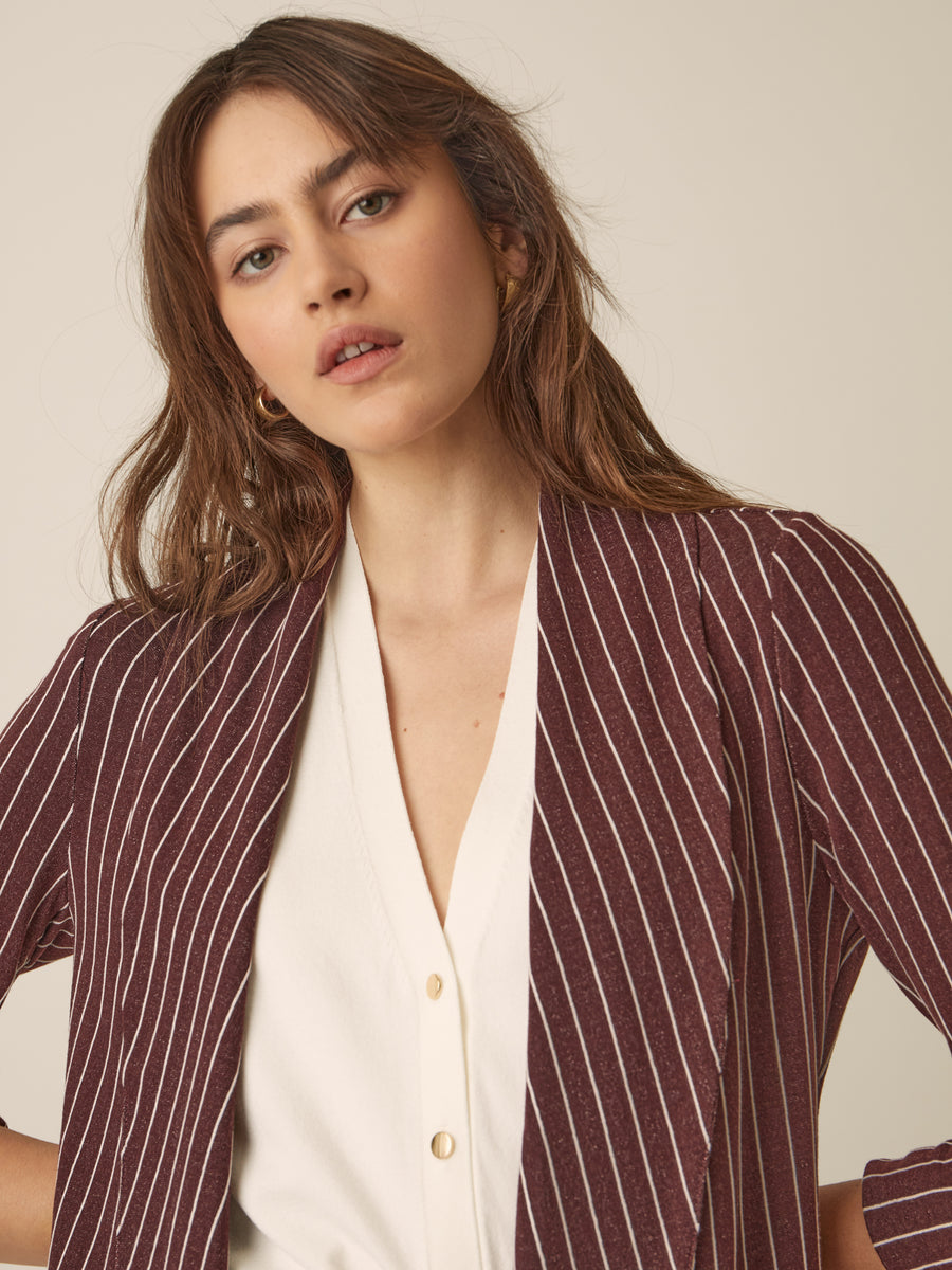 No Srcipt image - Images of 6 of 7 Classic Melanie Shawl Simple Staple Burgundy Striped Workwear Blazer Jacket Stripes Everyday Shawl Front Pockets Best Seller Customer Favorite