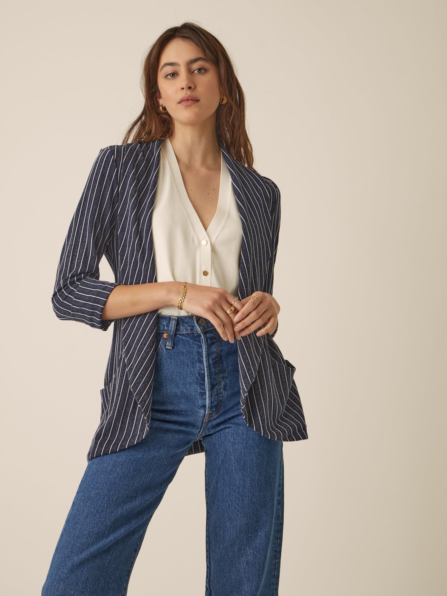 Classic Melanie Shawl Simple Staple Navy Striped Workwear Blazer Jacket Stripes Everyday Shawl Front Pockets Best Seller Customer Favorite