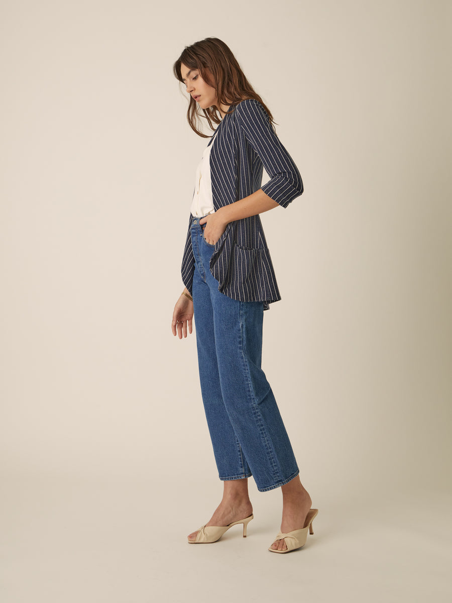 No Srcipt image - Images of 2 of 6 Classic Melanie Shawl Simple Staple Navy Striped Workwear Blazer Jacket Stripes Everyday Shawl Front Pockets Best Seller Customer Favorite