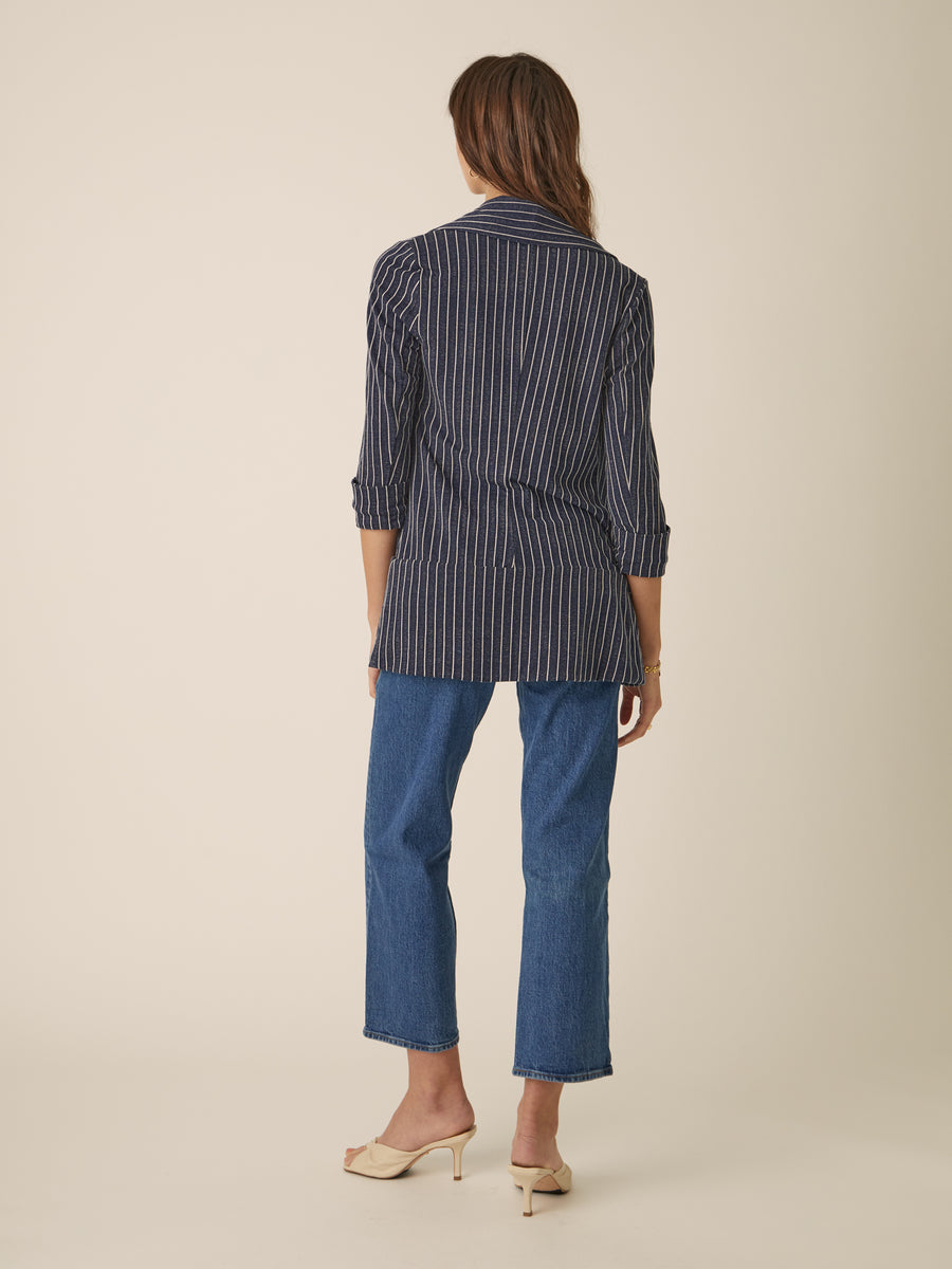 No Srcipt image - Images of 3 of 6 Classic Melanie Shawl Simple Staple Navy Striped Workwear Blazer Jacket Stripes Everyday Shawl Front Pockets Best Seller Customer Favorite