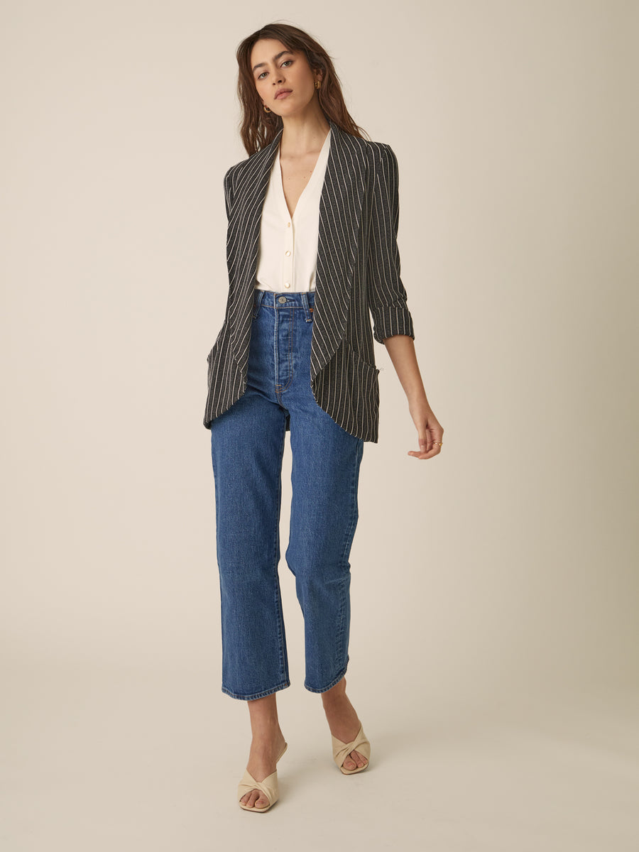 No Srcipt image - Images of 4 of 6 Classic Melanie Shawl Simple Staple Black Striped Workwear Blazer Jacket Stripes Everyday Shawl Front Pockets Best Seller Customer Favorite