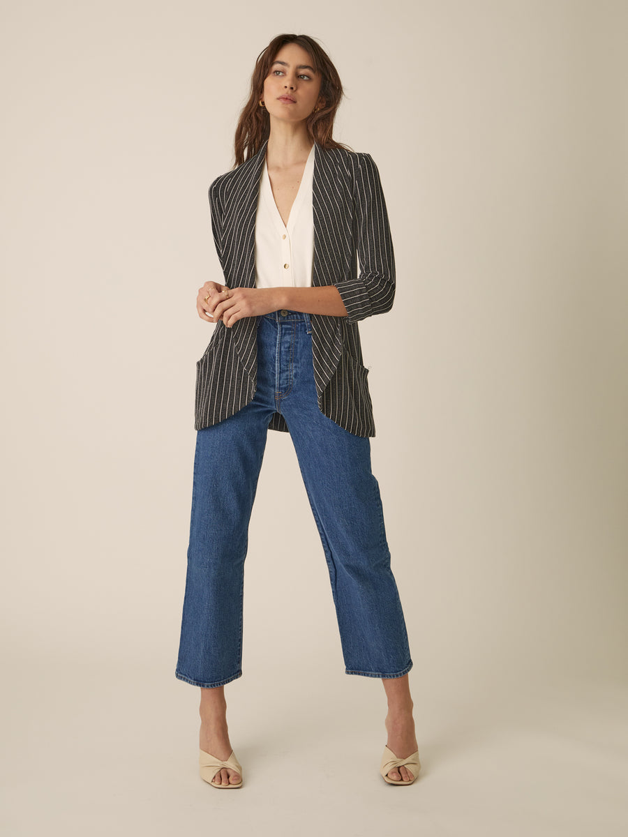 No Srcipt image - Images of 2 of 6 Classic Melanie Shawl Simple Staple Black Striped Workwear Blazer Jacket Stripes Everyday Shawl Front Pockets Best Seller Customer Favorite