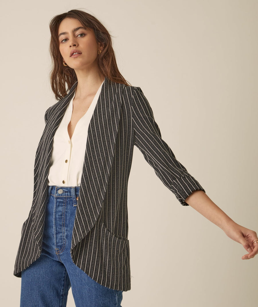 No Srcipt image - Images of 1 of 6 Classic Melanie Shawl Simple Staple Black Striped Workwear Blazer Jacket Stripes Everyday Shawl Front Pockets Best Seller Customer Favorite
