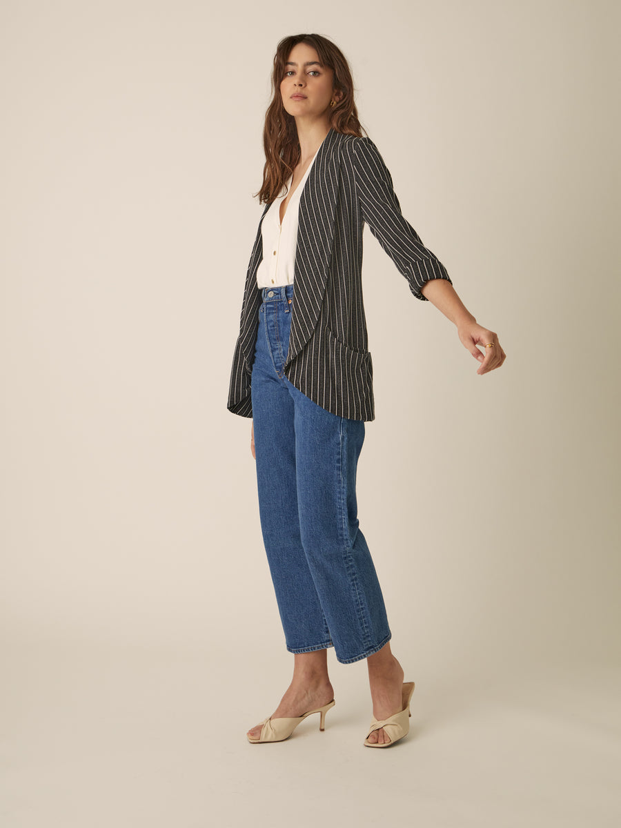 No Srcipt image - Images of 5 of 6 Classic Melanie Shawl Simple Staple Black Striped Workwear Blazer Jacket Stripes Everyday Shawl Front Pockets Best Seller Customer Favorite