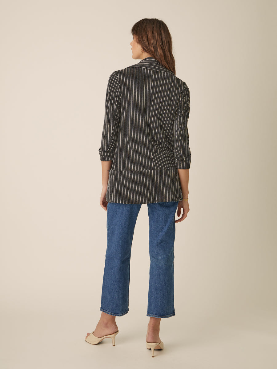 No Srcipt image - Images of 6 of 6 Classic Melanie Shawl Simple Staple Black Striped Workwear Blazer Jacket Stripes Everyday Shawl Front Pockets Best Seller Customer Favorite