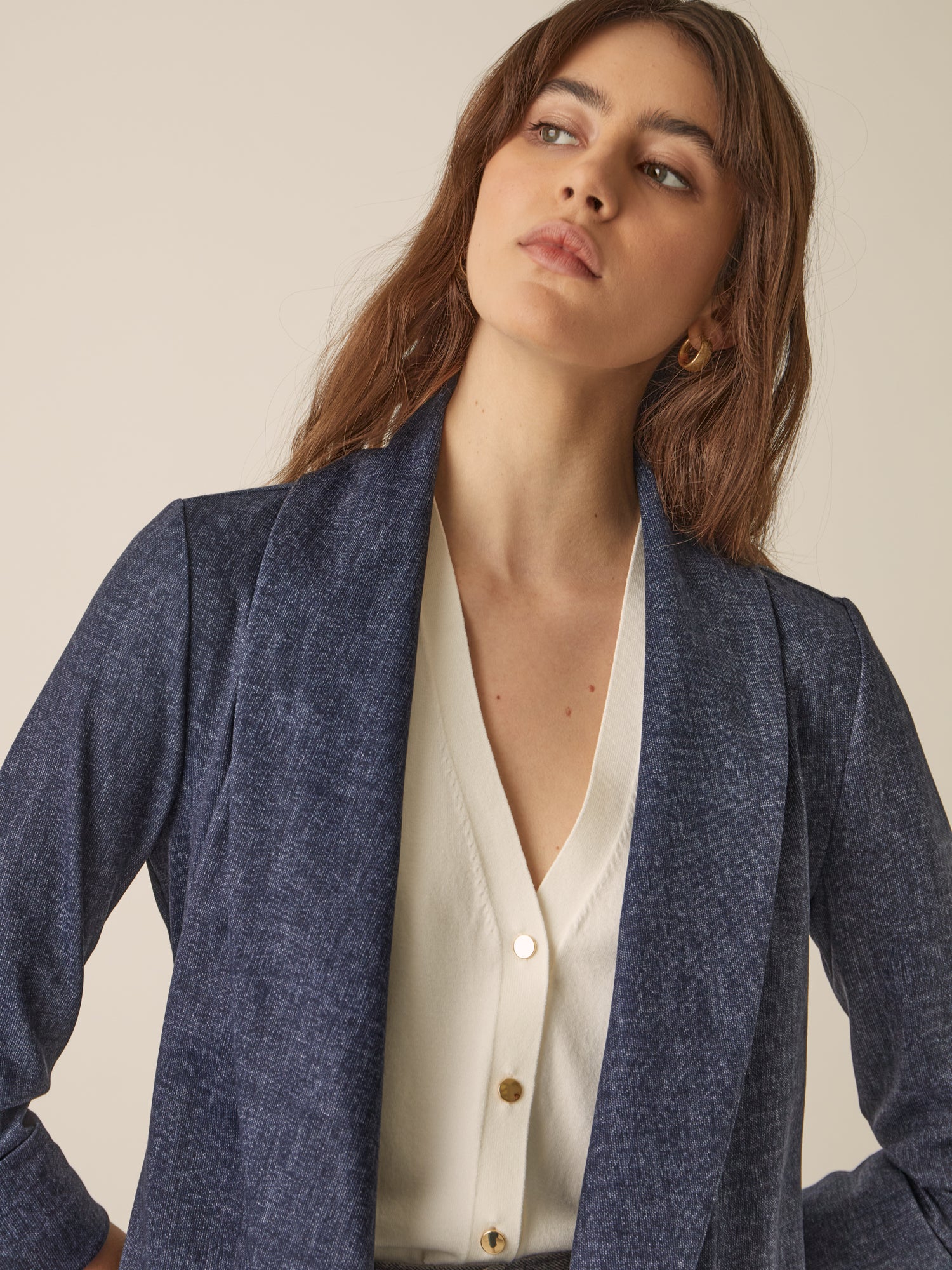 Classic Melanie Shawl Simple Staple Taupe Neutral Color Workwear Office Wear Women’s Outerwear Blazer Jacket Everyday Shawl Front Pockets Best Seller Customer Favorite Casual Style Everyday Jacket Indigo Denim Fabric Structured Material