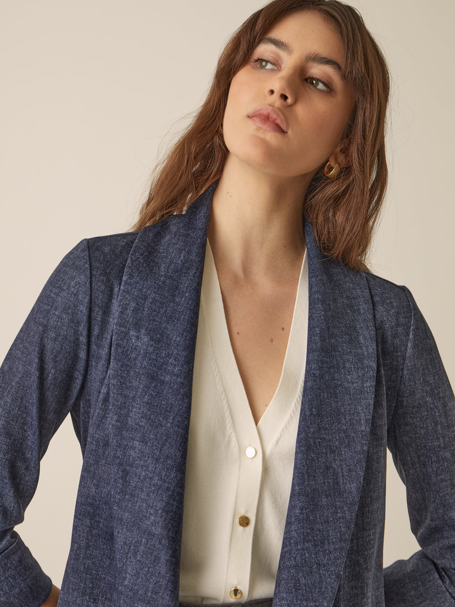 No Srcipt image - Images of 7 of 7 Classic Melanie Shawl Simple Staple Taupe Neutral Color Workwear Office Wear Women’s Outerwear Blazer Jacket Everyday Shawl Front Pockets Best Seller Customer Favorite Casual Style Everyday Jacket Indigo Denim Fabric Structured Material