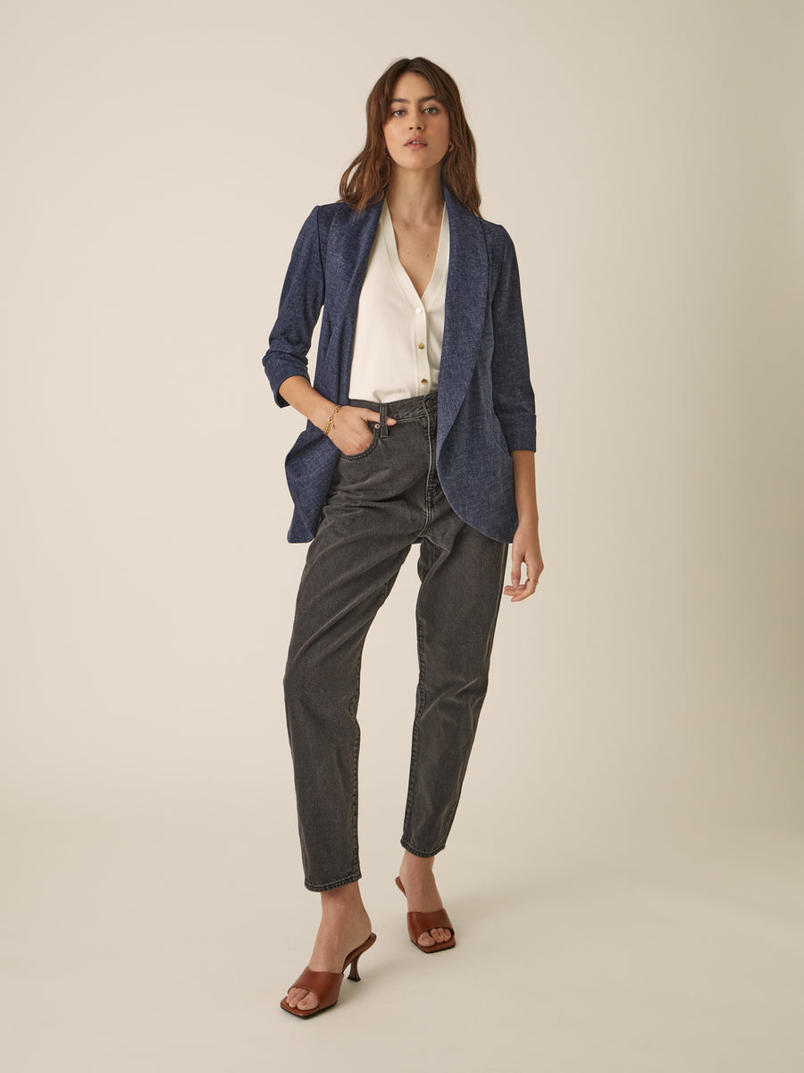 No Srcipt image - Images of 5 of 7 Classic Melanie Shawl Simple Staple Taupe Neutral Color Workwear Office Wear Women’s Outerwear Blazer Jacket Everyday Shawl Front Pockets Best Seller Customer Favorite Casual Style Everyday Jacket Indigo Denim Fabric Structured Material