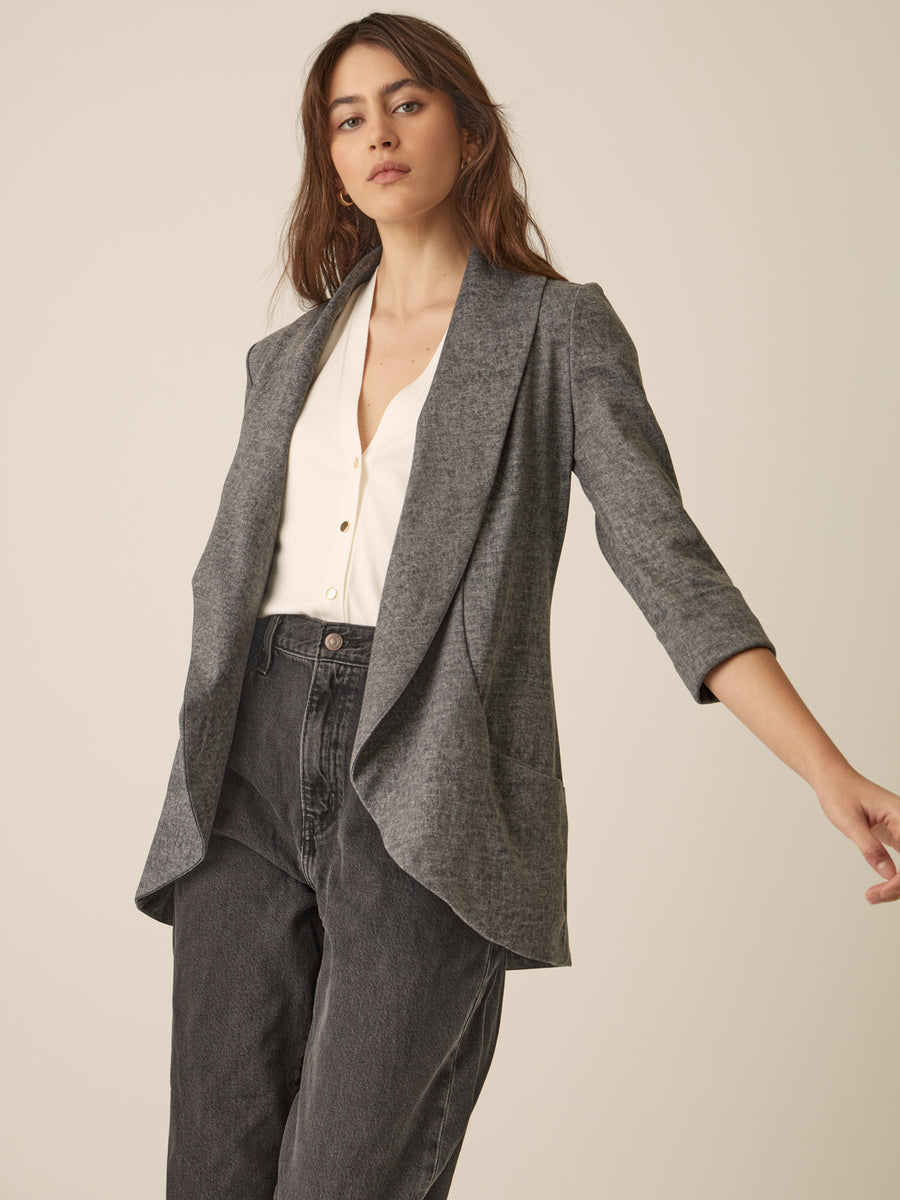 No Srcipt image - Images of 7 of 7 Classic Melanie Shawl Simple Staple Taupe Neutral Color Workwear Office Wear Women’s Outerwear Blazer Jacket Everyday Shawl Front Pockets Best Seller Customer Favorite Casual Style Everyday Jacket Grey Denim Look Style Melanie In Grey Denim