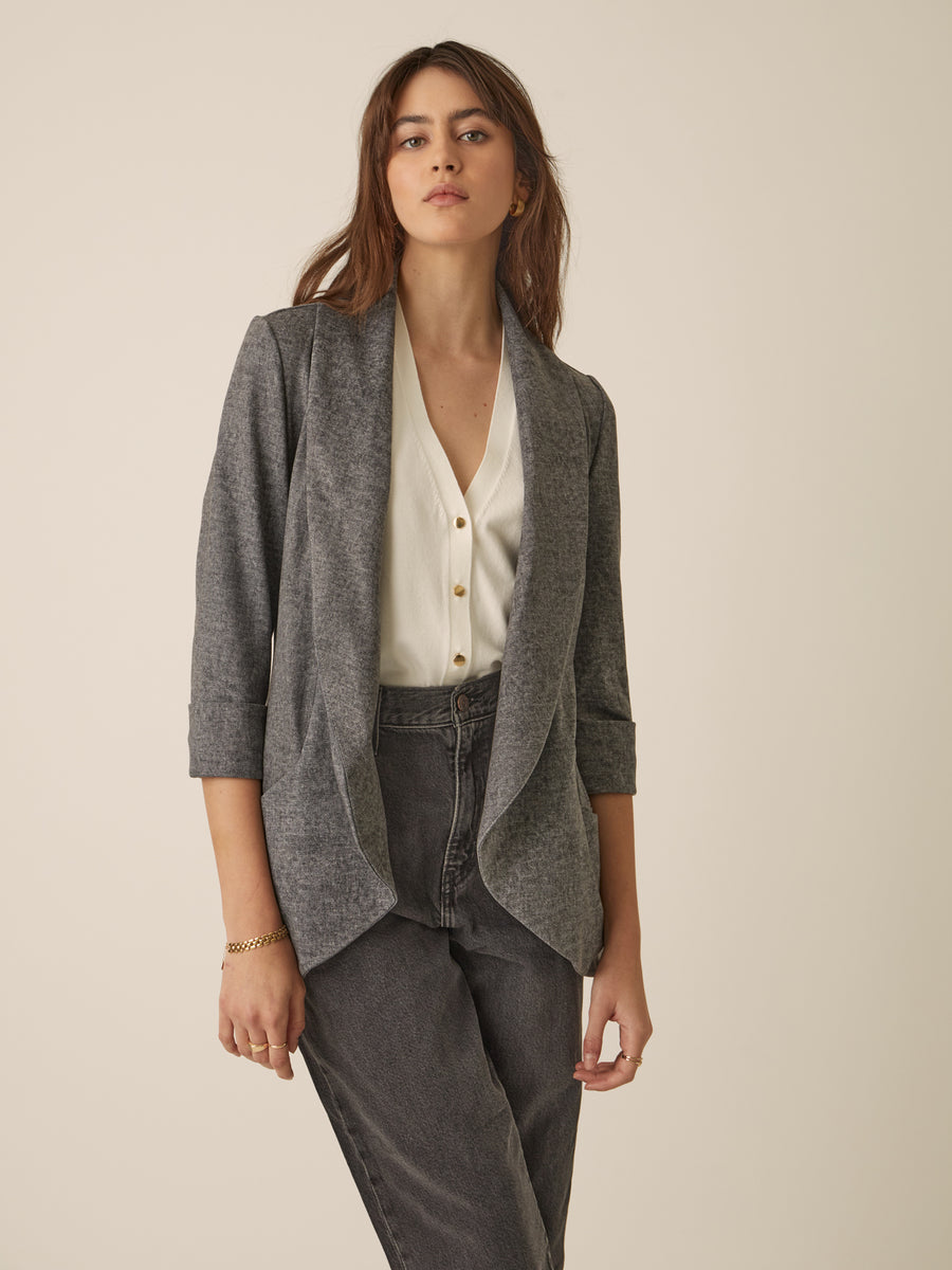 No Srcipt image - Images of 6 of 7 Classic Melanie Shawl Simple Staple Taupe Neutral Color Workwear Office Wear Women’s Outerwear Blazer Jacket Everyday Shawl Front Pockets Best Seller Customer Favorite Casual Style Everyday Jacket Grey Denim Look Style Melanie In Grey Denim