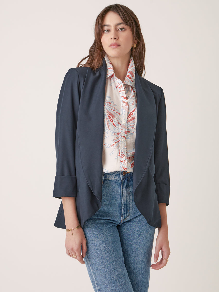 No Srcipt image - Images of 6 of 8 Woven jacket, Melanie woven, shawl jacket, open front , navy color