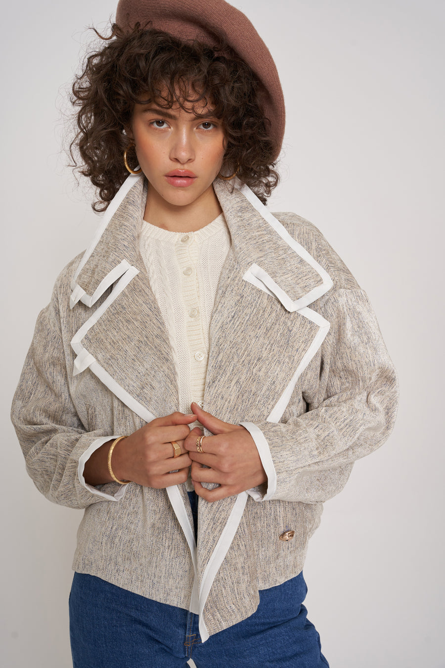 No Srcipt image - Images of 1 of 7 Grey Tweed Jacket with Piping Detail
