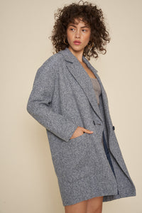 Heather Grey Blue Wool Long Blazer Coat