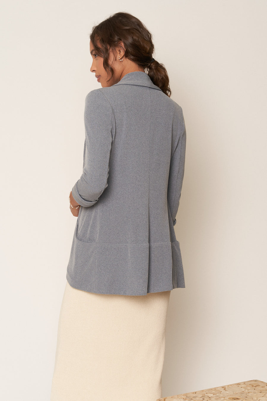 No Srcipt image - Images of 7 of 8 Classic knit jacket with shawl collar rib knit medium weight fabric side pockets heather grey color