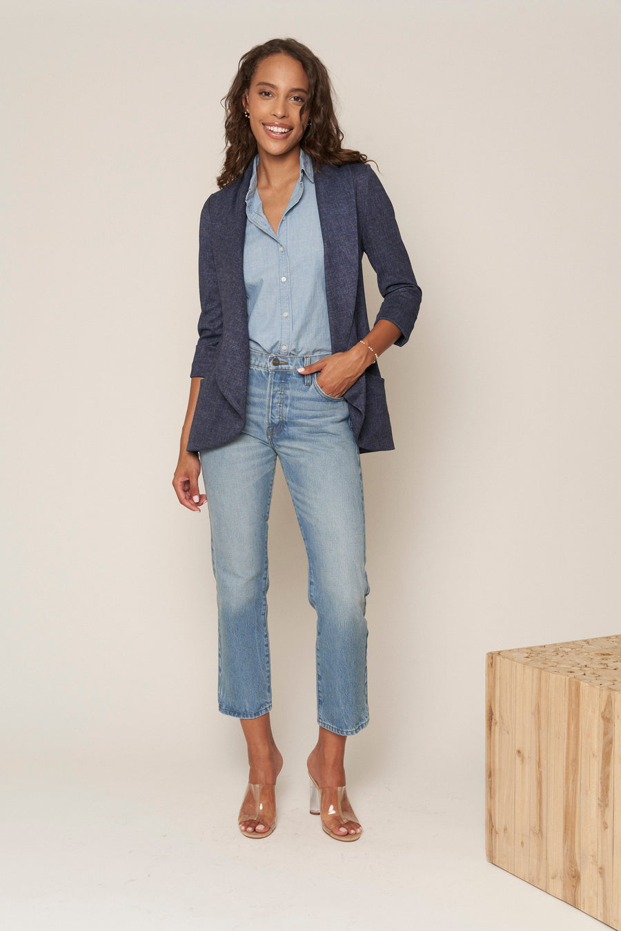 No Srcipt image - Images of 1 of 7 Classic Melanie Shawl Simple Staple Taupe Neutral Color Workwear Office Wear Women’s Outerwear Blazer Jacket Everyday Shawl Front Pockets Best Seller Customer Favorite Casual Style Everyday Jacket Indigo Denim Fabric Structured Material