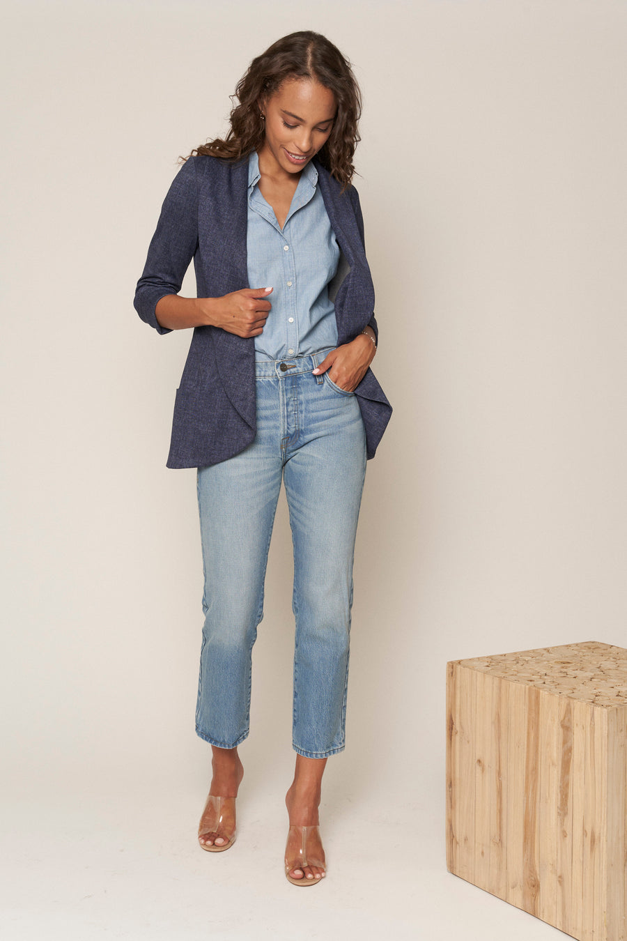 No Srcipt image - Images of 2 of 7 Classic Melanie Shawl Simple Staple Taupe Neutral Color Workwear Office Wear Women’s Outerwear Blazer Jacket Everyday Shawl Front Pockets Best Seller Customer Favorite Casual Style Everyday Jacket Indigo Denim Fabric Structured Material
