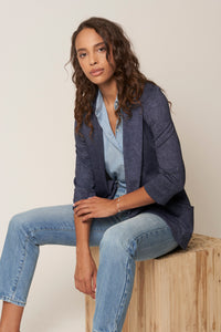 Classic Melanie Shawl Simple Staple Taupe Neutral Color Workwear Office Wear Women’s Outerwear Blazer Jacket Everyday Shawl Front Pockets Best Seller Customer Favorite Casual Style Everyday Jacket Indigo Denim Fabric Structured Material