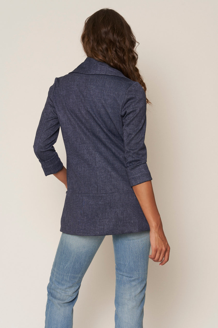 No Srcipt image - Images of 4 of 7 Classic Melanie Shawl Simple Staple Taupe Neutral Color Workwear Office Wear Women’s Outerwear Blazer Jacket Everyday Shawl Front Pockets Best Seller Customer Favorite Casual Style Everyday Jacket Indigo Denim Fabric Structured Material