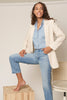 Vincent Linen Boyfriend Double Breasted Padded Shoulders Jacket Light Weight Spring Summer Blazer Neutral Beige Cream Color Classic Workwear Office Wear Fall Fashion Fall Style Women's Outerwear