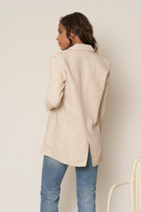 Vincent Linen Boyfriend Double Breasted Padded Shoulders Jacket Light Weight Spring Summer Blazer Neutral Beige Cream Color Classic Workwear Office Wear Fall Fashion Fall Style Women's Outerwear