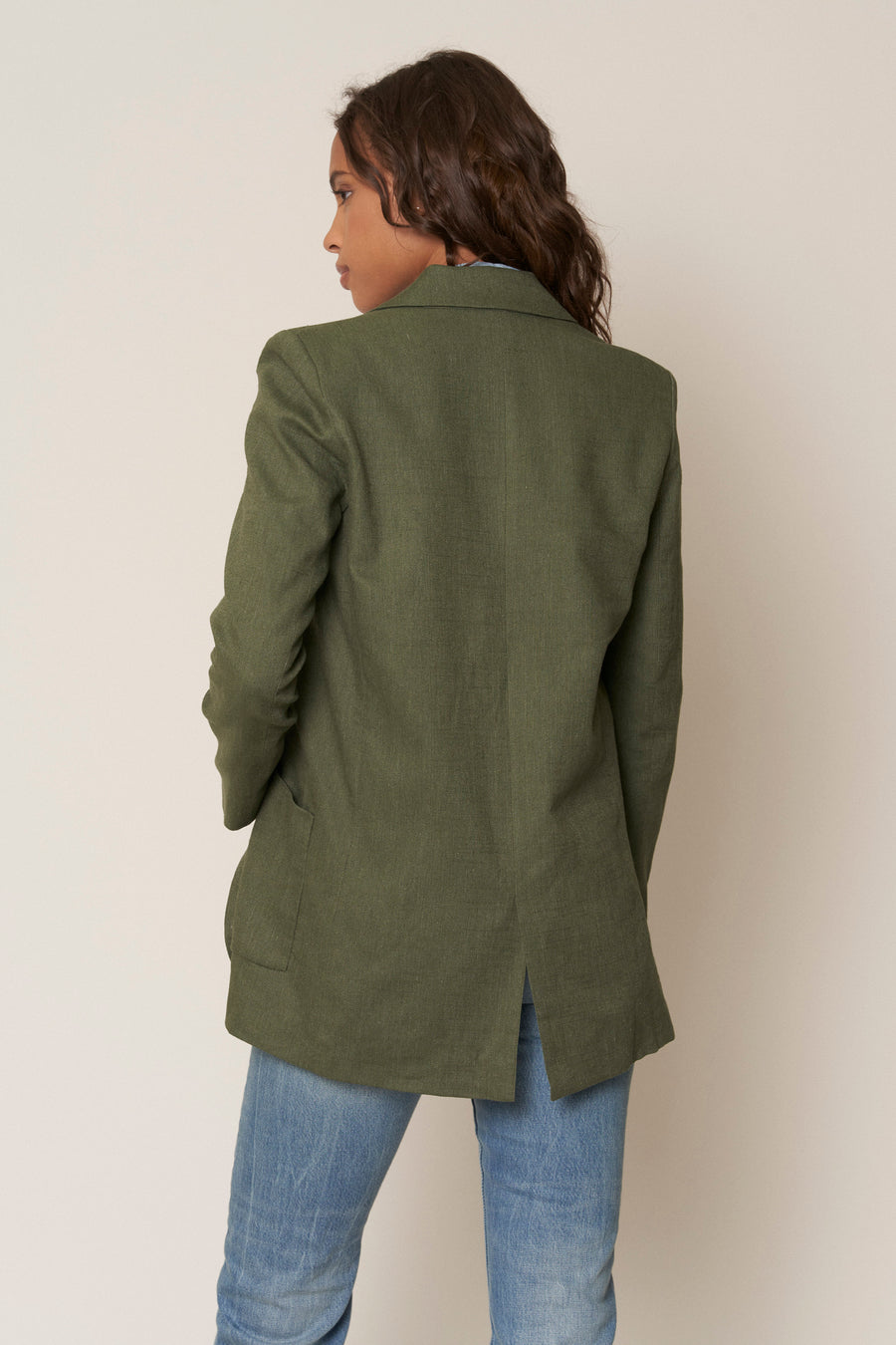 No Srcipt image - Images of 3 of 7 Vincent Linen Boyfriend Jacket Light Weight Spring Summer Blazer Neutral Deep Dark Green Color Classic Workwear Office Wear Womens Fashion Professional Chic Polished Fashion 
