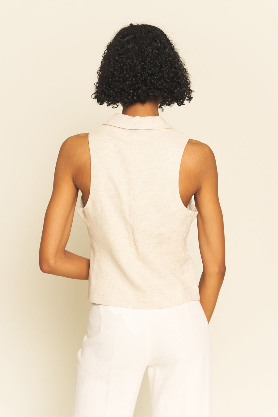 No Srcipt image - Images of 6 of 7 V Neck Linen Vest Lapel Collar Slightly Fitted Silhouette Sleeveless Natural Beige Color-Way Workwear Office Wear Professional Womens Style Fashion Neutral Staple Style