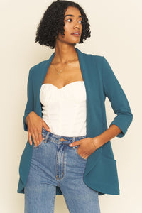 Classic Melanie Shawl Simple Staple Moroccan Blue Color Workwear Blazer Jacket Everyday Shawl Front Pockets Best Seller Customer Favorite