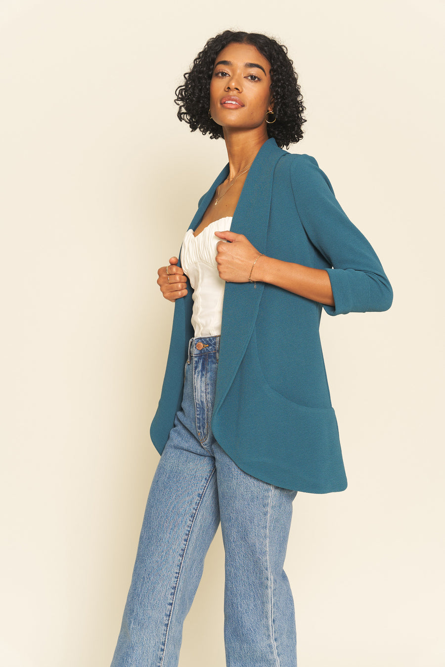 No Srcipt image - Images of 4 of 5 Classic Melanie Shawl Simple Staple Moroccan Blue Color Workwear Blazer Jacket Everyday Shawl Front Pockets Best Seller Customer Favorite