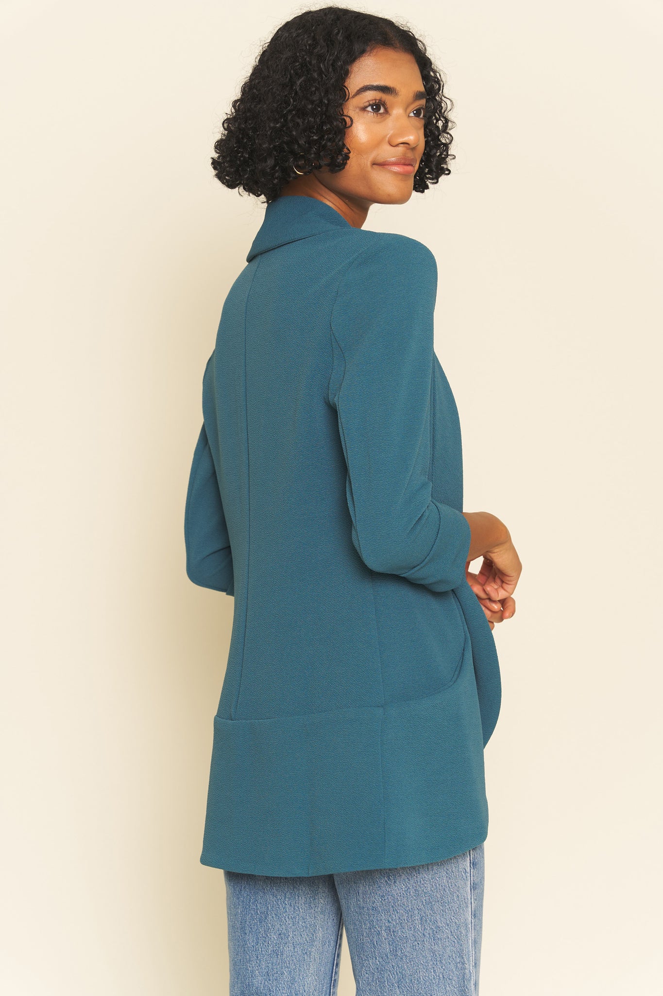 Classic Melanie Shawl Simple Staple Moroccan Blue Color Workwear Blazer Jacket Everyday Shawl Front Pockets Best Seller Customer Favorite