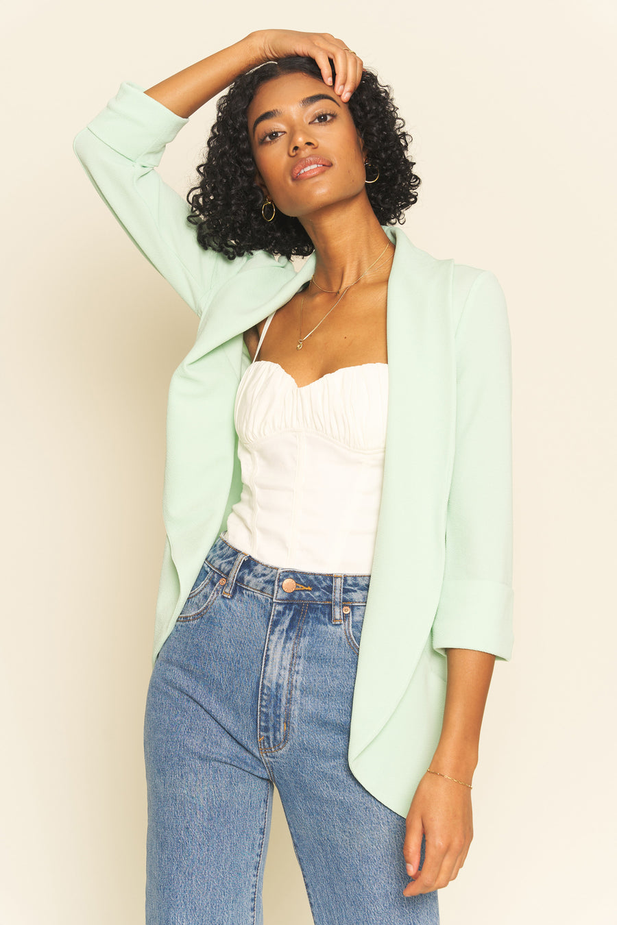 No Srcipt image - Images of 7 of 8 Classic Melanie Shawl Simple Staple Jade Green Color Workwear Blazer Jacket Everyday Shawl Front Pockets Best Seller Customer Favorite
