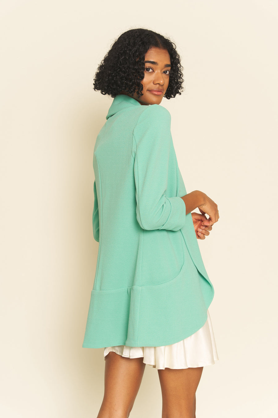 No Srcipt image - Images of 10 of 10 Classic Melanie Shawl Simple Staple Aqua Green Color Workwear Blazer Jacket Everyday Shawl Front Pockets Best Seller Customer Favorite