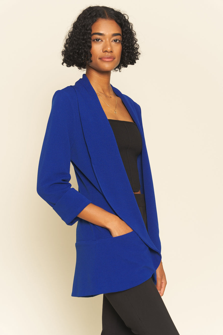 No Srcipt image - Images of 3 of 6 Lightweight Summer Fabric Classic Melanie Shawl Simple Staple Bright Royal Blue Color Workwear Blazer Jacket Everyday Shawl Front Pockets Office Wear Best Seller Customer Favorite