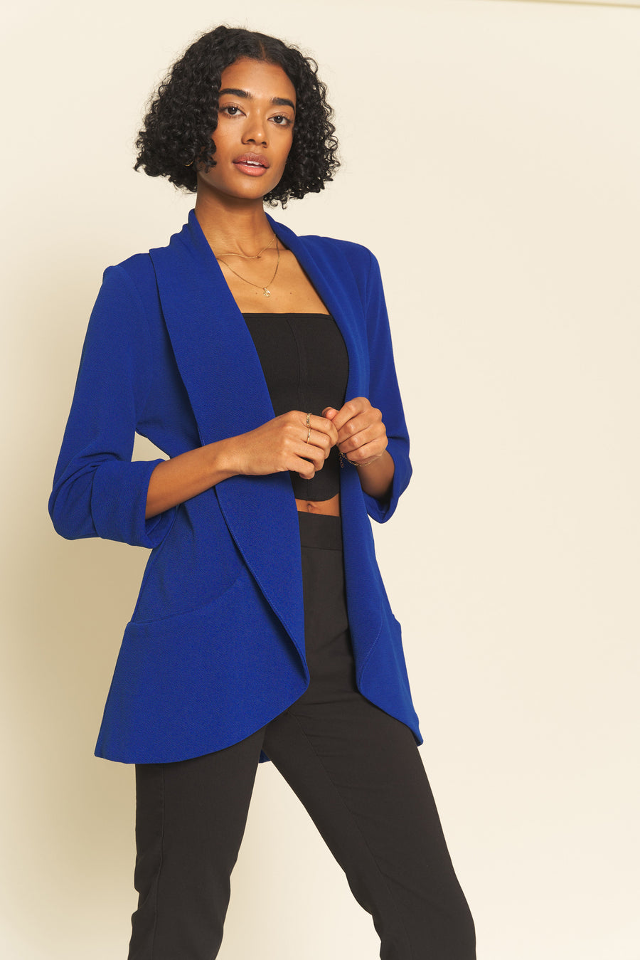 No Srcipt image - Images of 1 of 6 Lightweight Summer Fabric Classic Melanie Shawl Simple Staple Bright Royal Blue Color Workwear Blazer Jacket Everyday Shawl Front Pockets Office Wear Best Seller Customer Favorite
