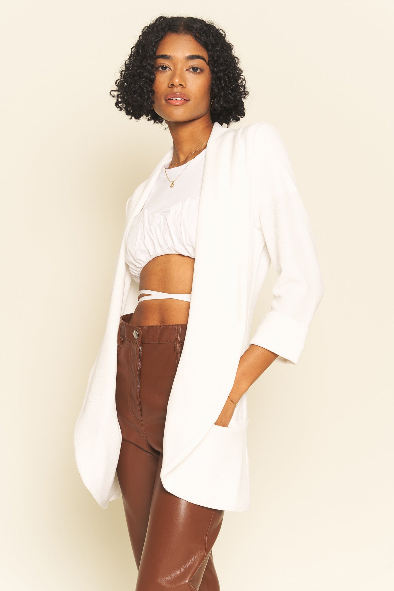 Lightweight Summer Fabric Classic Melanie Shawl Simple Staple White Neutral Color Workwear Blazer Jacket Everyday Shawl Front Pockets Office Wear Best Seller Customer Favorite