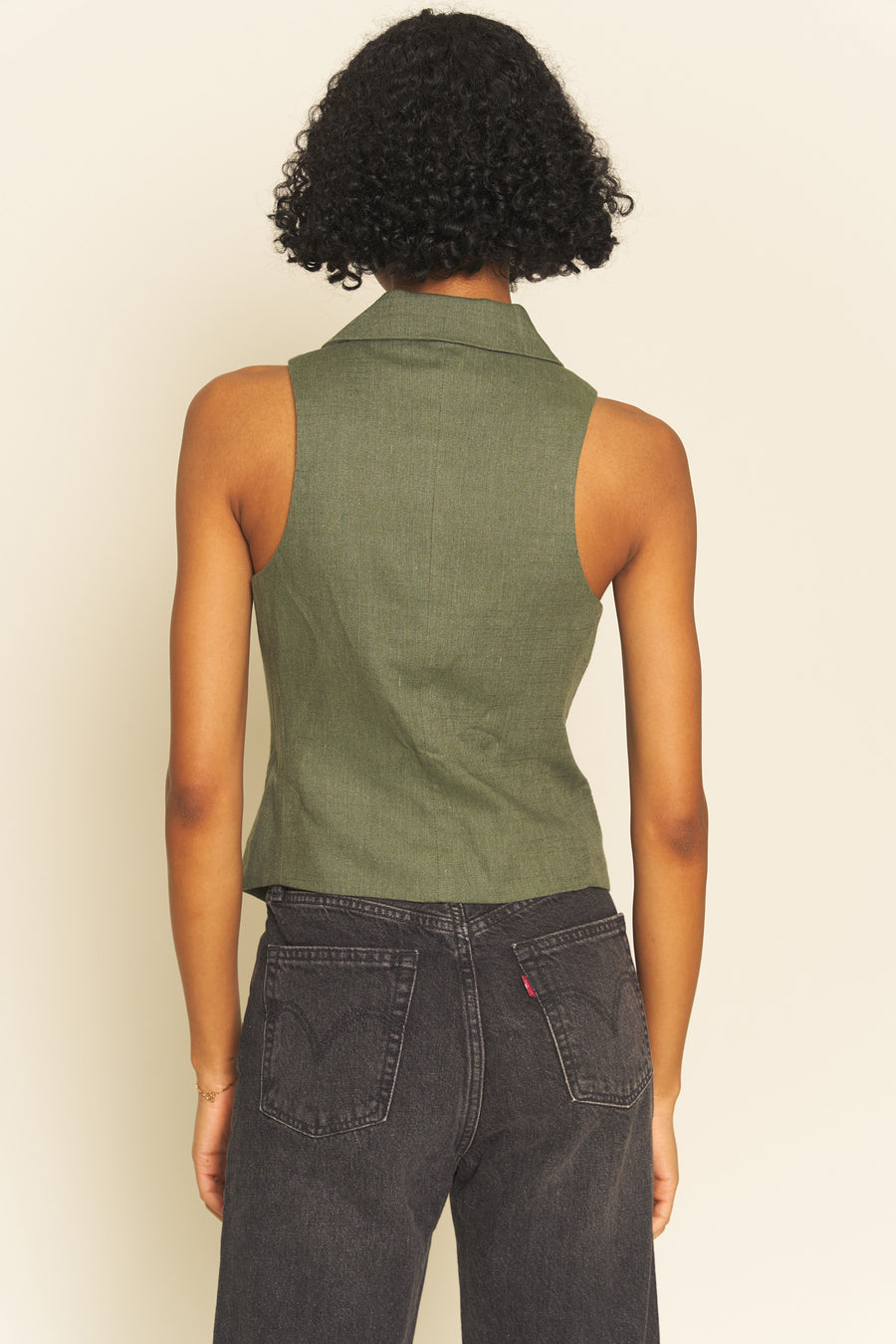 No Srcipt image - Images of 6 of 6 V Neck Linen Vest Lapel Collar Slightly Fitted Silhouette Sleeveless Deep Green Color-Way Workwear Office Wear Professional Womens Style Fashion Neutral Staple Style