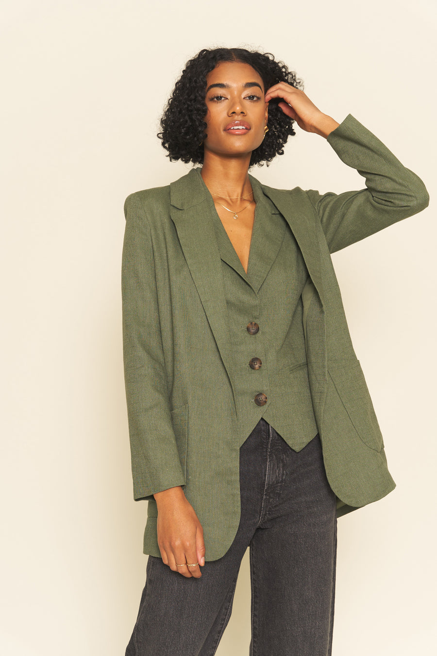 No Srcipt image - Images of 6 of 7 Vincent Linen Boyfriend Jacket Light Weight Spring Summer Blazer Neutral Deep Dark Green Color Classic Workwear Office Wear Womens Fashion Professional Chic Polished Fashion 