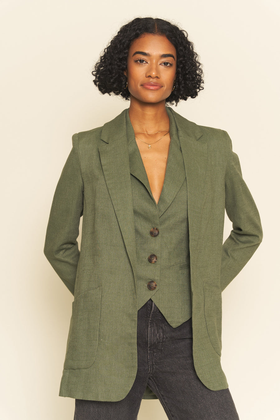 No Srcipt image - Images of 5 of 7 Vincent Linen Boyfriend Jacket Light Weight Spring Summer Blazer Neutral Deep Dark Green Color Classic Workwear Office Wear Womens Fashion Professional Chic Polished Fashion 
