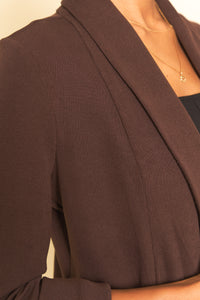 Classic knit jacket with shawl collar rib knit medium weight fabric side pockets Chocolate brown color