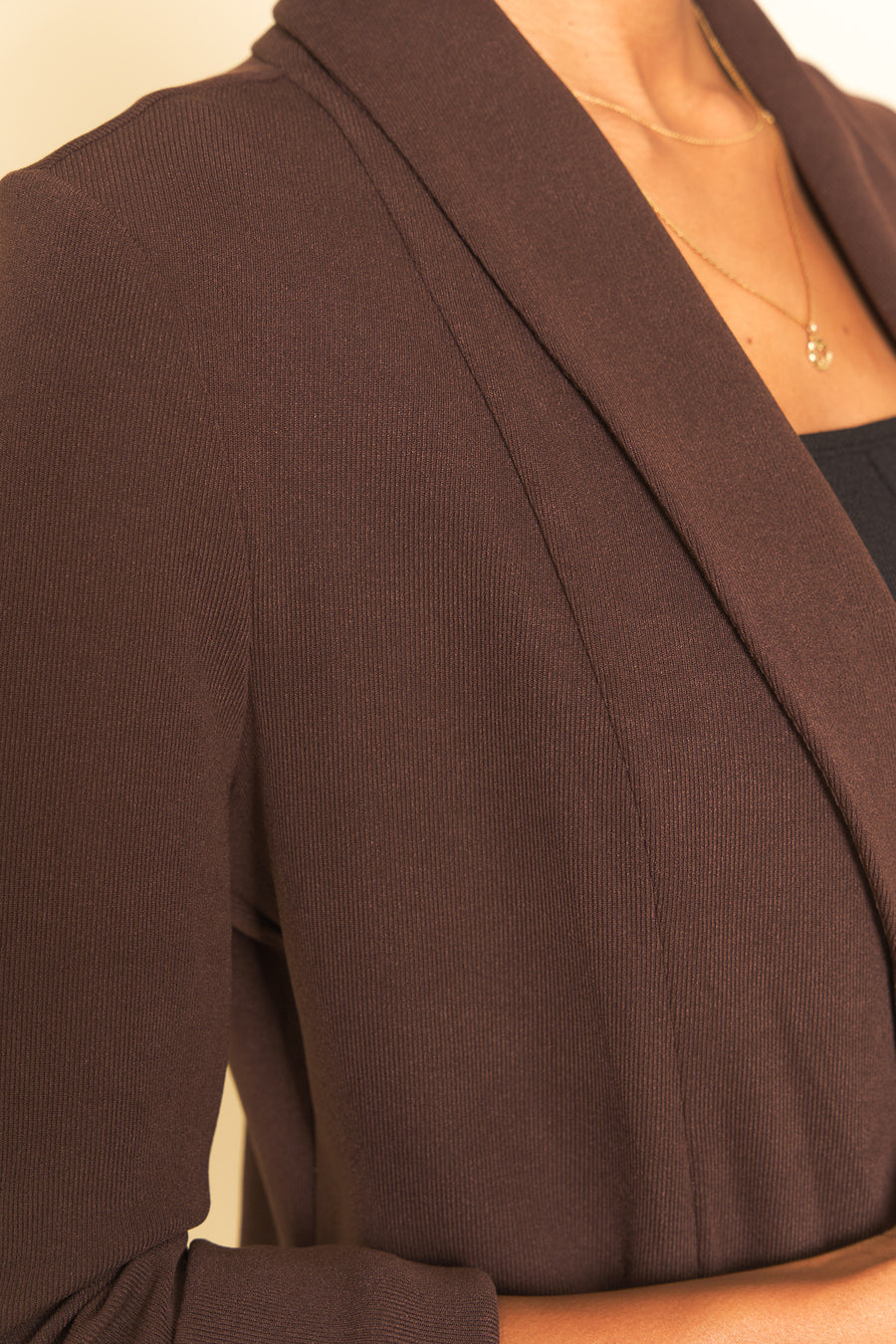 No Srcipt image - Images of 10 of 10 Classic knit jacket with shawl collar rib knit medium weight fabric side pockets Chocolate brown color