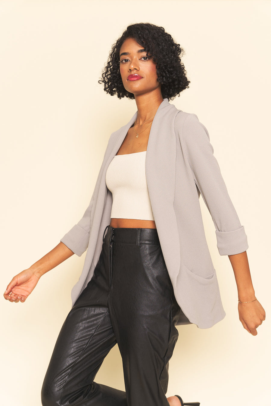 No Srcipt image - Images of 1 of 6 Lightweight Classic Shawl collar knit jacket Simple Staple Light Grey Dove Grey Neutral Color Workwear Blazer Jacket Everyday jacket Office Wear Best Seller Customer Favorite