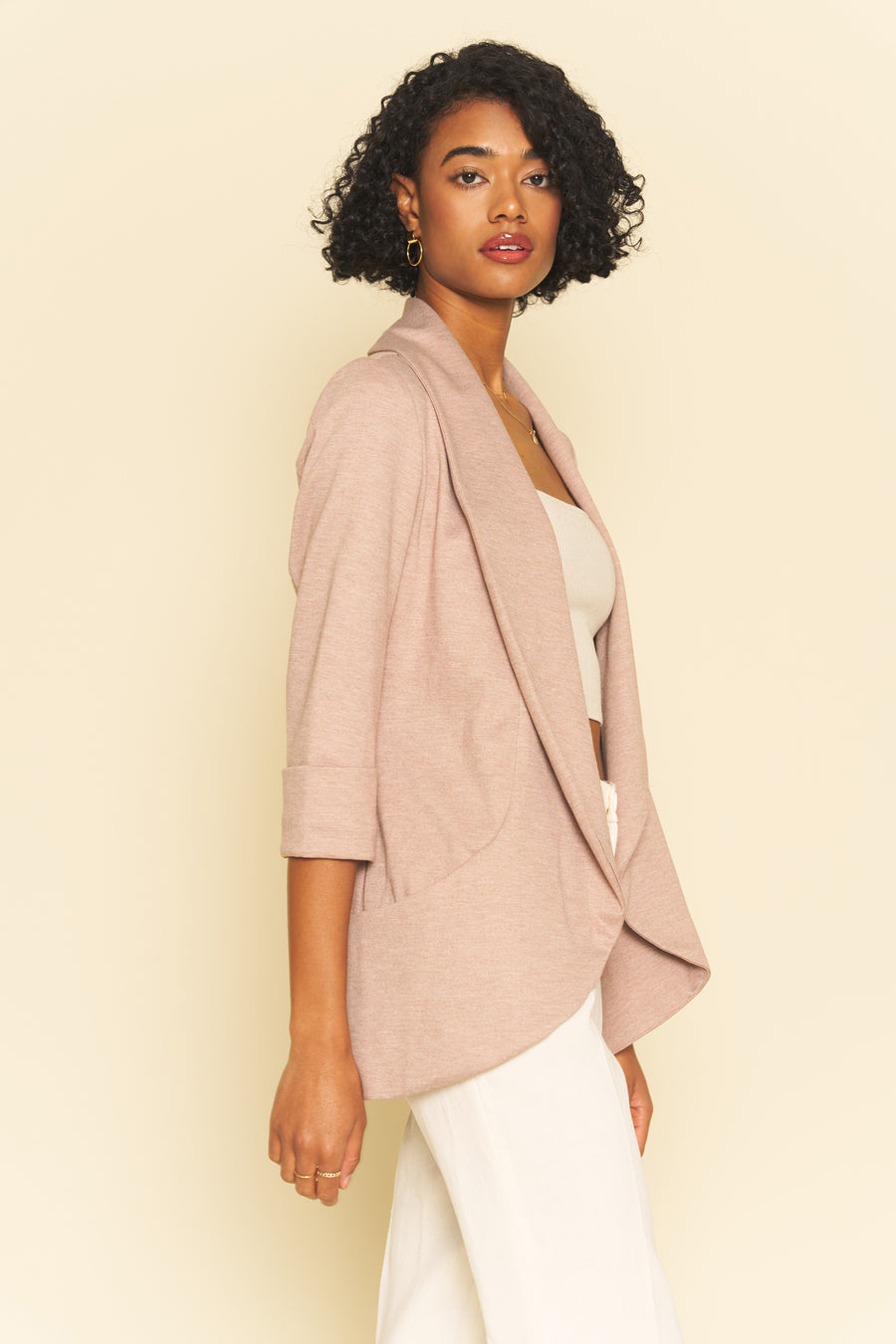 No Srcipt image - Images of 3 of 5 Classic Melanie Shawl Simple Staple Pink Beige Neutral Color Workwear Office Wear Women’s Outerwear Blazer Jacket Everyday Shawl Front Pockets Best Seller Customer Favorite Casual Style Everyday Jacket
