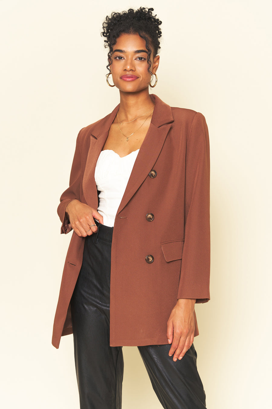 No Srcipt image - Images of 1 of 6 Brown Wool Classic Double Breasted Staple Jacket Women's Workwear Office Wear Women's Fashion Sophisticated Style Chic Simple Classic Brown Blazer Fall Jacket Fall Fashion Women's Outerwear Timeless Everyday Blazer Neutral Color The Emory Blazer In Brown