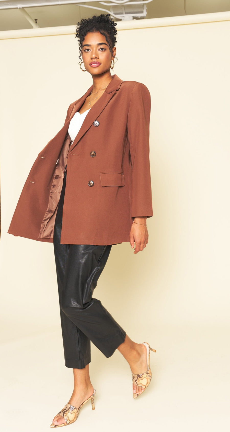No Srcipt image - Images of 2 of 6 Brown Wool Classic Double Breasted Staple Jacket Women's Workwear Office Wear Women's Fashion Sophisticated Style Chic Simple Classic Brown Blazer Fall Jacket Fall Fashion Women's Outerwear Timeless Everyday Blazer Neutral Color The Emory Blazer In Brown